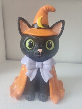 Black Cat Halloween Figurine with Orange Witch Hat and Cape 7x11 In